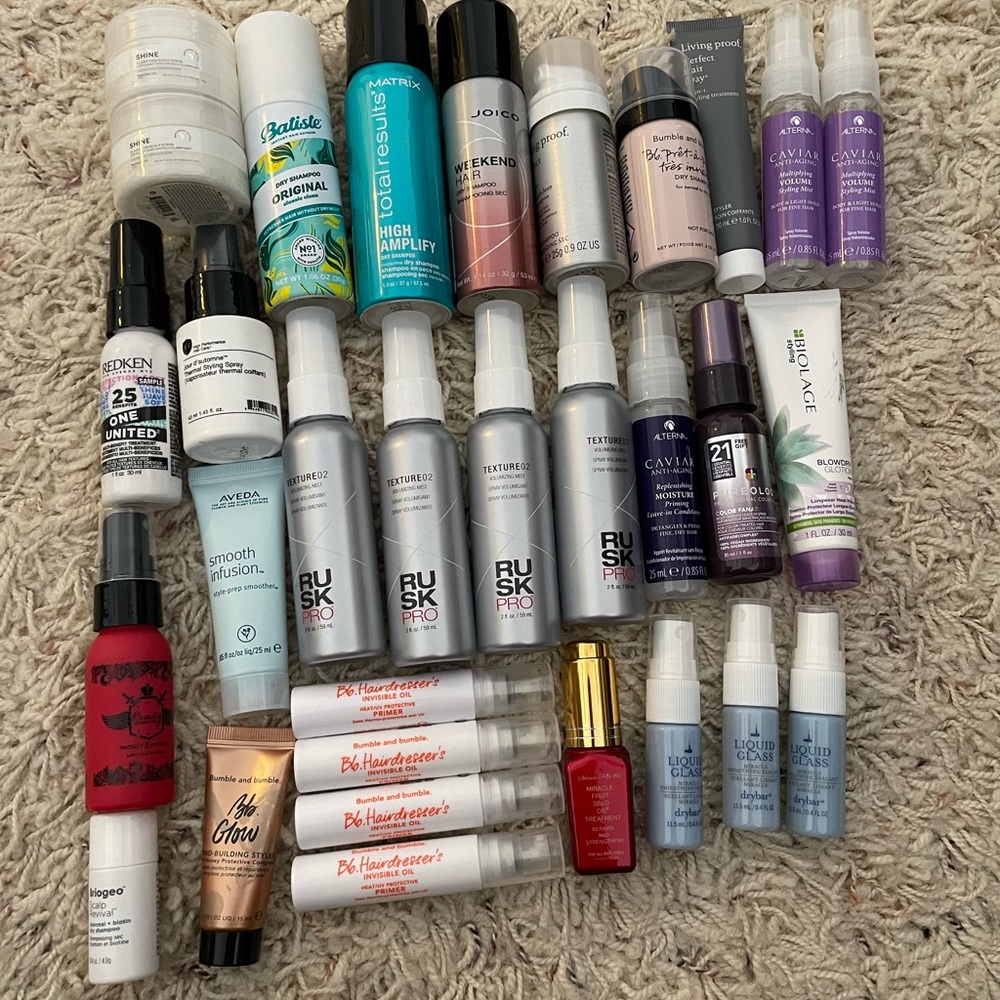 New Hair Care Travel Sample Bundle 31 Pieces Living Proof Rusk Bumble Matrix Etc